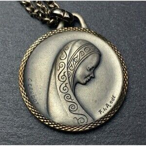 VTG 1970s C Cardot Virgin Mary French Medal Necklace Large Catholic Pendant